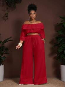 Veslaya Bộ đồ cỡ lớn 2025 mới mùa xuân/hè dành cho đi biển/hoạt động ngoài trời/lễ hội âm nhạc/phong cách nghỉ dưỡng miền Tây cổ điển/nghỉ dưỡng thường ngày/du lịch/nghỉ dưỡng thành phố. Áo crop top tay lửng trễ vai màu trắng chất liệu tre, có dây rút ở eo và túi, phối cùng quần ống rộng. Bộ đồ 2 mảnh màu đỏ dành cho nữ, bộ đồ 2 mảnh bằng len. - Đỏ - Xem 2