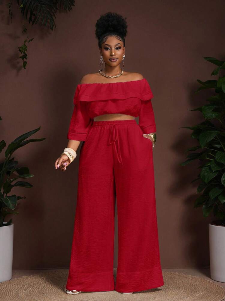 Veslaya Bộ đồ cỡ lớn 2025 mới mùa xuân/hè dành cho đi biển/hoạt động ngoài trời/lễ hội âm nhạc/phong cách nghỉ dưỡng miền Tây cổ điển/nghỉ dưỡng thường ngày/du lịch/nghỉ dưỡng thành phố. Áo crop top tay lửng trễ vai màu trắng chất liệu tre, có dây rút ở eo và túi, phối cùng quần ống rộng. Bộ đồ 2 mảnh màu đỏ dành cho nữ, bộ đồ 2 mảnh bằng len. - Đỏ - Xem 2