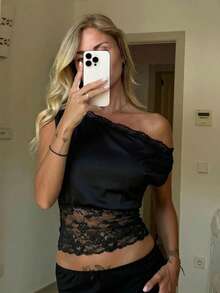 SHEIN SXY Black Elegant Lace Splice Asymmetric Collar Blouse - Black - View 1