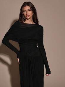 SHEIN BAE 女士优雅简约纯色船领修身连衣裙，春秋季 - 黑色 - 查看 5