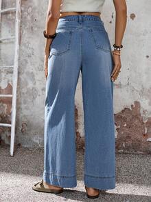 EMERY ROSE Women's Pocketed Button Pleated Casual Versatile Daily Wear Wide Leg Jeans,Women's High Waist Wide Leg Denim Pants – Pleated Loose Fit Summer Casual Outfits,Women's Pleated Wide Leg Denim Jeans High Waist Y2K Coquette Street Style,Women's Elegant Wide Leg Denim Trousers – High Waist Pleated Vacation Style,Women's Light Wash High-Waist Wide Leg Denim Pants, Featuring Front Pleated Detailing, Loose Flowy Silhouette, Side Pockets, And Wide Cuffed Hems. Soft Breathable Denim Fabric, Versatile Styling, Perfect For Summer Daily, Vacation, Y2K Coquette & Casual Streetwear Looks,WideLegJeans, HighWaistDenim, PleatedDenim, LightWashDenim, SummerJeans, Y2K, CoquetteStyle, CasualStreetwear - Blue - View 2