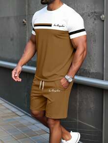 Manfinity Homme 男士洛杉矶标语撞色图案休闲T恤短裤套装，男士简约通勤短袖T恤短裤两件套，春夏男士，男装，男士沙滩装，女士度假装，男士两件套T恤，男士情人节礼物，男友夏季服装 - 彩色 - 查看 2