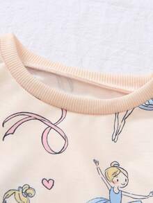 SHEIN Playful Pals 2pcs/Set Baby Girl Infant Casual Cute Everyday Versatile Ballet Girl Bow Pattern Knit Soft Baby Fabric Crew Neck Long Sleeve Sweatshirt Tee And Skinny Pants Purple Pants Set, Autumn/Winter Outfit - Blue - View 3