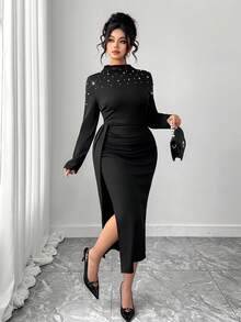 Elenzga 大码优雅修身珍珠装饰长袖连衣裙 - 黑色 - 查看 1