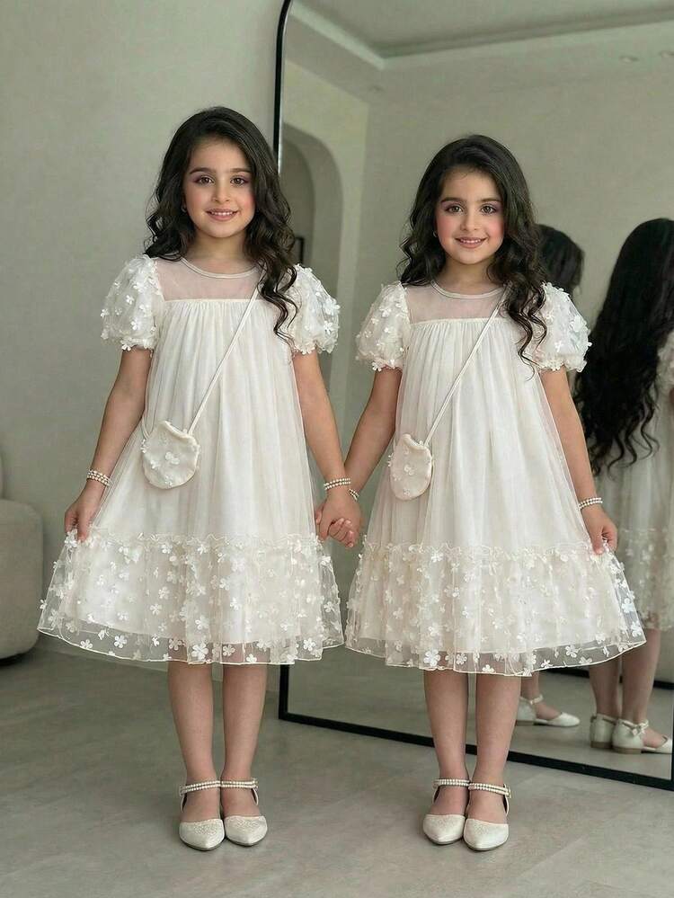 Vestido holgado y elegante con cuello redondo, estampado floral y contraste de malla para niña preadolescente - Albaricoque - Añade 3