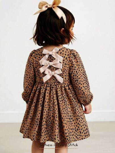 Cozy Pixies Vestido de manga larga con cuello redondo, decoración de lazo y estampado floral de bloques de color para niña bebé