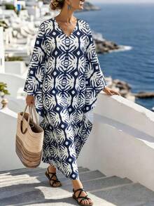 Breezaya 棉质印花复古宽松连衣裙，波西米亚风格假日连衣裙 - 藍色 - 查看 2