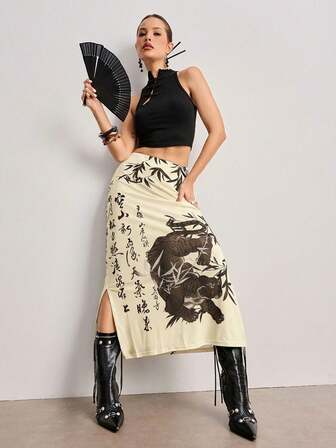 ROMWE Avant Chinesischer Stil Tiger & Bambusblatt Kalligraphie Muster Schlitzrock für Frauen