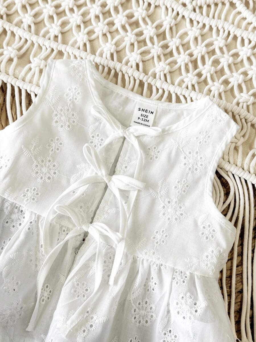 两件套可爱女婴休闲日常度假提花上衣，正面中央带蝴蝶结 - 白色 - 查看 1