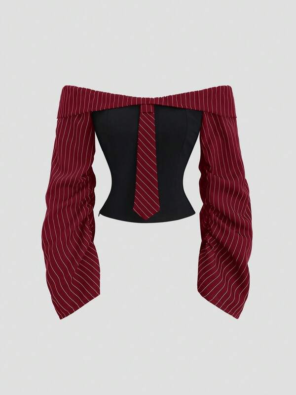 Sweetra Gothic Style Asymmetrical Ruffle Long Sleeve Off-Shoulder Sexy Slim Fit Party Blouse For Women, Autumn