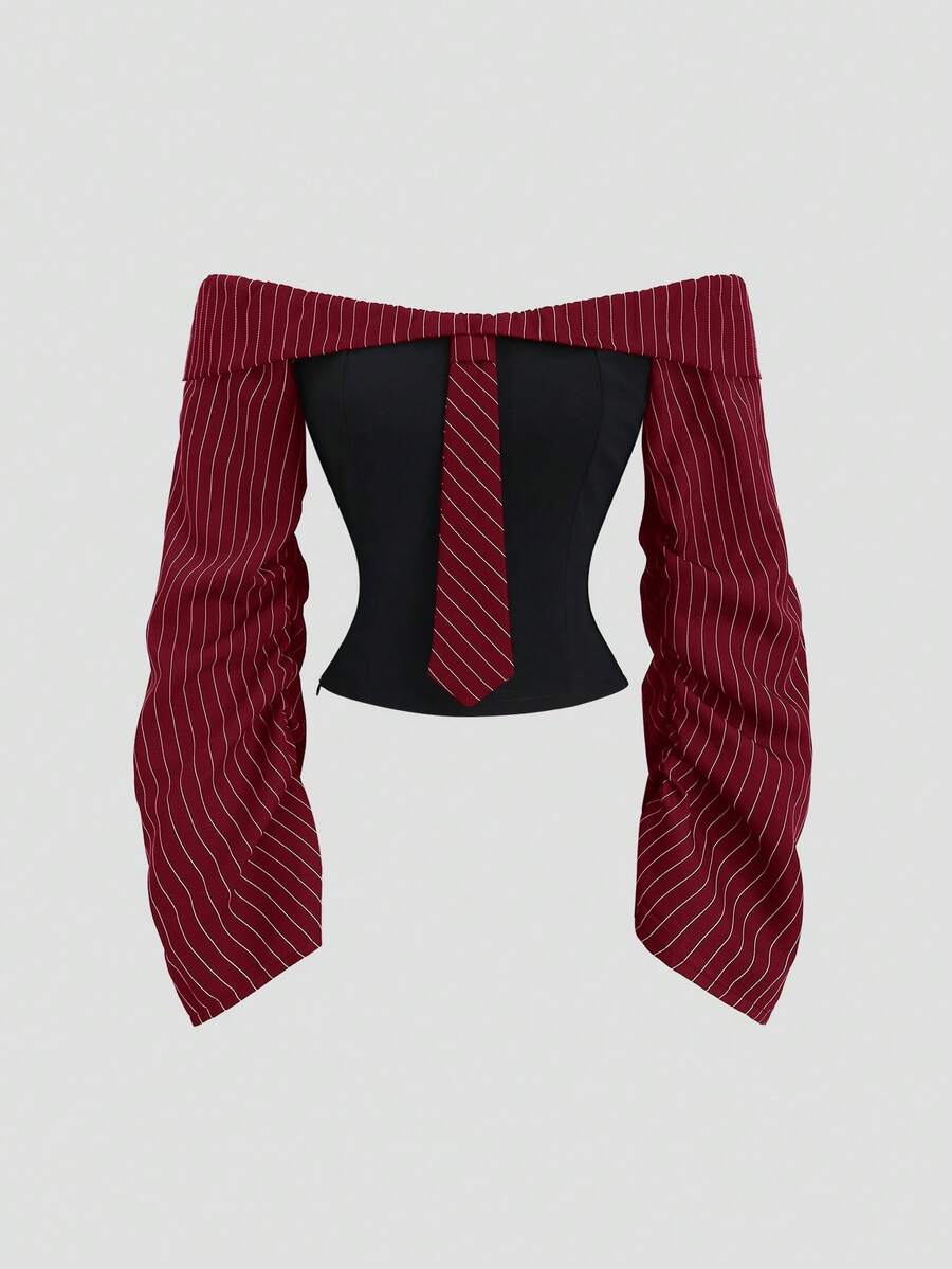 Sweetra 哥特风不对称荷叶边长袖露肩性感修身派对上衣，秋季女款 - 紅色 - 查看 1