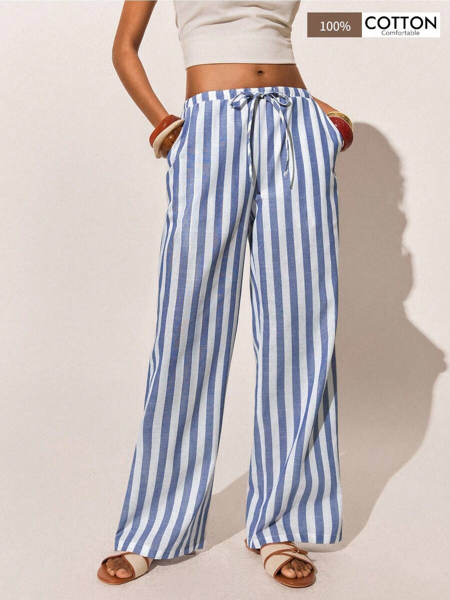 Poéselle 女士撞色条纹裤 - 藍白色 - 查看 1