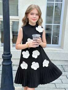 SHEIN Vestido sin mangas para niña preadolescente con cuello mao, manga corta, tejido con bloqueo de color y decoración floral 3D, adecuado para fiesta de cumpleaños, Día de San Valentín - Negro - Ver 2