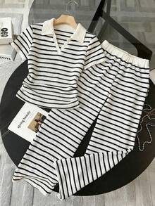 SHEIN Bộ áo thun cổ bẻ kẻ sọc phối màu thường ngày dành cho bé gái tuổi teen. - Đen và trắng - Xem 6