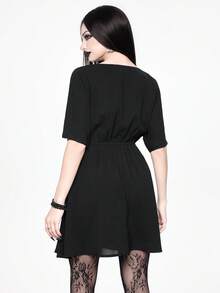 ROMWE Goth Women's Elegant Embroidered Short Sleeve Waist Cinched Mini Dress - Black - View 3