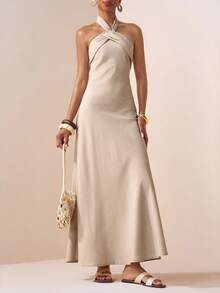 Zivah Solid Halter Neck Backless Dress - Khaki - View 5