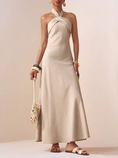 Zivah Solid Halter Neck Backless Dress