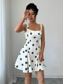 Elenzga Đầm ngắn thanh lịch cổ vuông chấm bi đen - Màu xanh lá cây đậm - Xem 3