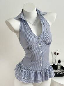 Elamini Blusa de mujer con cuello con volantes, diseño creativo - Azul - Ver 5