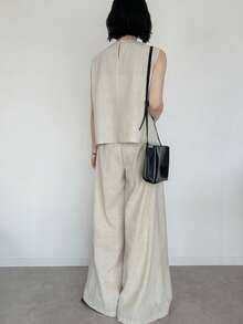 FRIFUL 女士圆领不对称下摆交叉上衣和阔腿纯色长裤两件套 - 米色 - 查看 6