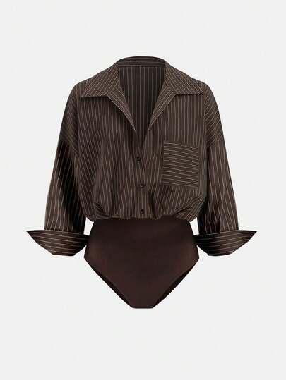 Airaco Women's Casual Everyday Commute Versatile Striped Print Drop Shoulder Loose Patchwork Pocket Bodysuit, Spring/Autumn