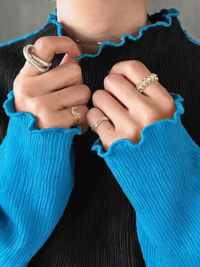 FRIFUL Women's Mock Neck Long Sleeve Fitted Cuff Color Block Splice Wavy Hem Decor Regular Pullover T-Shirt