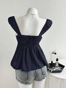 Elamini 女士藏蓝色波点方领蕾丝边腰部蝴蝶结短袖衬衫，适合海滩度假、野餐等场合，百搭实用 - 藏蓝色 - 查看 2