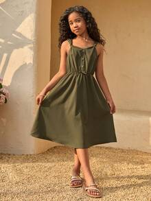 SHEIN Tween Girls Olive Green Summer Casual Picnic Sleeveless Tie-Front Midi Dress For Tween Girls, V-Neck Front Button Vintage Charm, Daily, Outfit - Army Green - View 4
