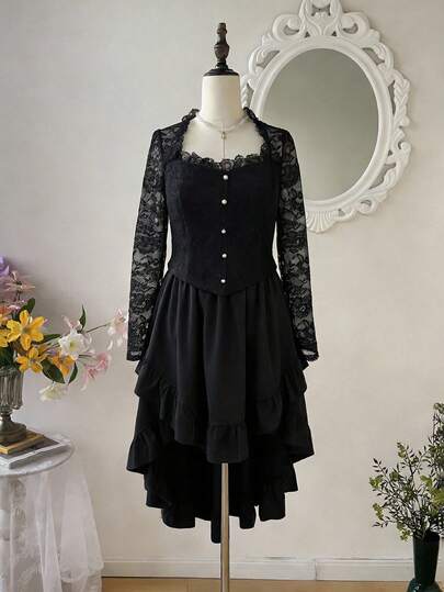 SHEIN MOD Plus Size Women's Black See-Through Lace-Trimmed Sexy Long-Sleeved Blouse, Suitable For Going Out. Black Lace Shirt Black Lace Top Black Lace Bodysuit Lace Top Lace Shirts Gothic Top Lace Long Sleeve Top