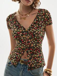 Poéselle 女士V领短袖碎花修身上衣，黑色碎花系带上衣 - 短袖弹力上衣，适合田园风和夏季穿着，碎花上衣，夏季，法式风格上衣 - 彩色 - 查看 4