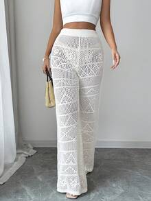 SHEIN Elenzya Women's Elegant Hollow Out Flared Knit Pants - Beige - View 3