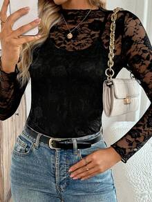 EMERY ROSE Fitted Lace Mock Neck Long Sleeve Top - Black - View 1