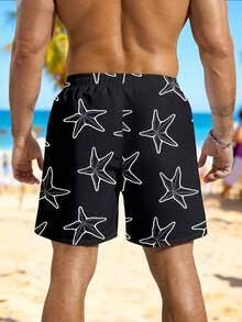 Manfinity Swimmode Men's Summer Vacation Style Starfish Print Drawstring Waist Slant Pocket Loose Beach Shorts - Black - View 2