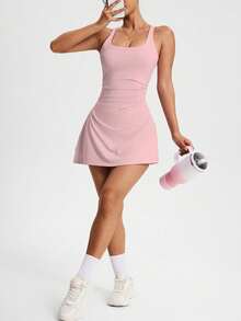 CourtClass Women's Solid Color Square Neck Camisole Style Sport Dress For Coordinated Outfits - Pink - View 1
