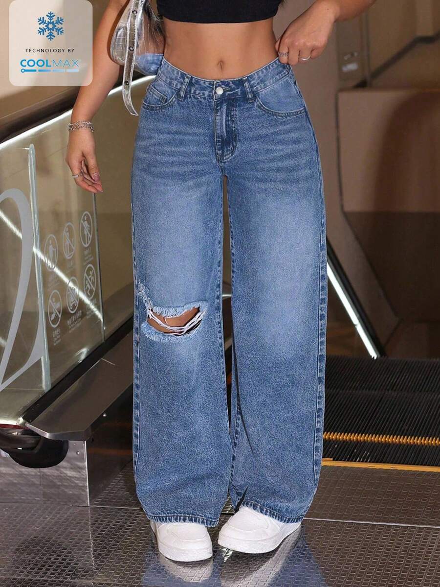 SHEIN EZwear Jeans rectos de moda personalizados y desgastados para mujer de talla grande - Azul - Ver 1