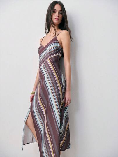 Nöista Striped Dress In Blue And Brown Colors, Different Position On Stripes, Adjustable Straps On Back. Spring Dress Woman, Summer Clothes, Vacation Outfits Women, Vacation Dress, Beach Vacation Outfits For Women.