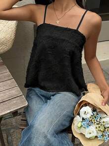 女士纯色简约吊带背心 - 黑色 - 查看 4