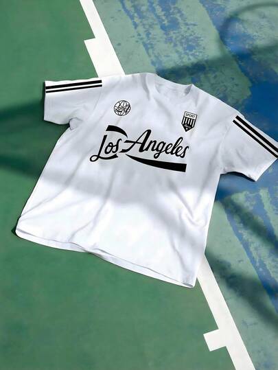 Aesthetic Post 洛杉矶字母印花条纹短袖T恤，男女皆宜，复古美式运动休闲上衣