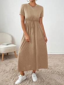 SHEIN Essnce 女士休闲日常通勤简约纯色短袖抽绳腰侧口袋连衣裙，夏季 - 卡其色 - 查看 4