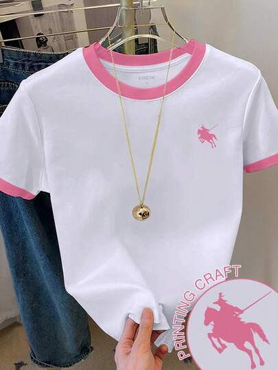 Franclia Camiseta casual de mujer de cuello redondo, de manga corta, con estampado de caballero y bloques de color