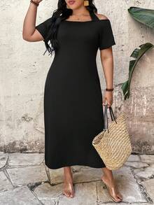 Elenzga Plus Size Women Halter Neck Short Sleeve Bodycon Dress - Black - View 5