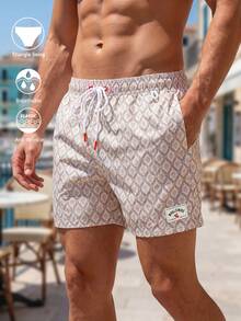 Manfinity Swimmode Men's All-Over Print Slant Pocket Drawstring Waist Beach Shorts - Beige - View 1