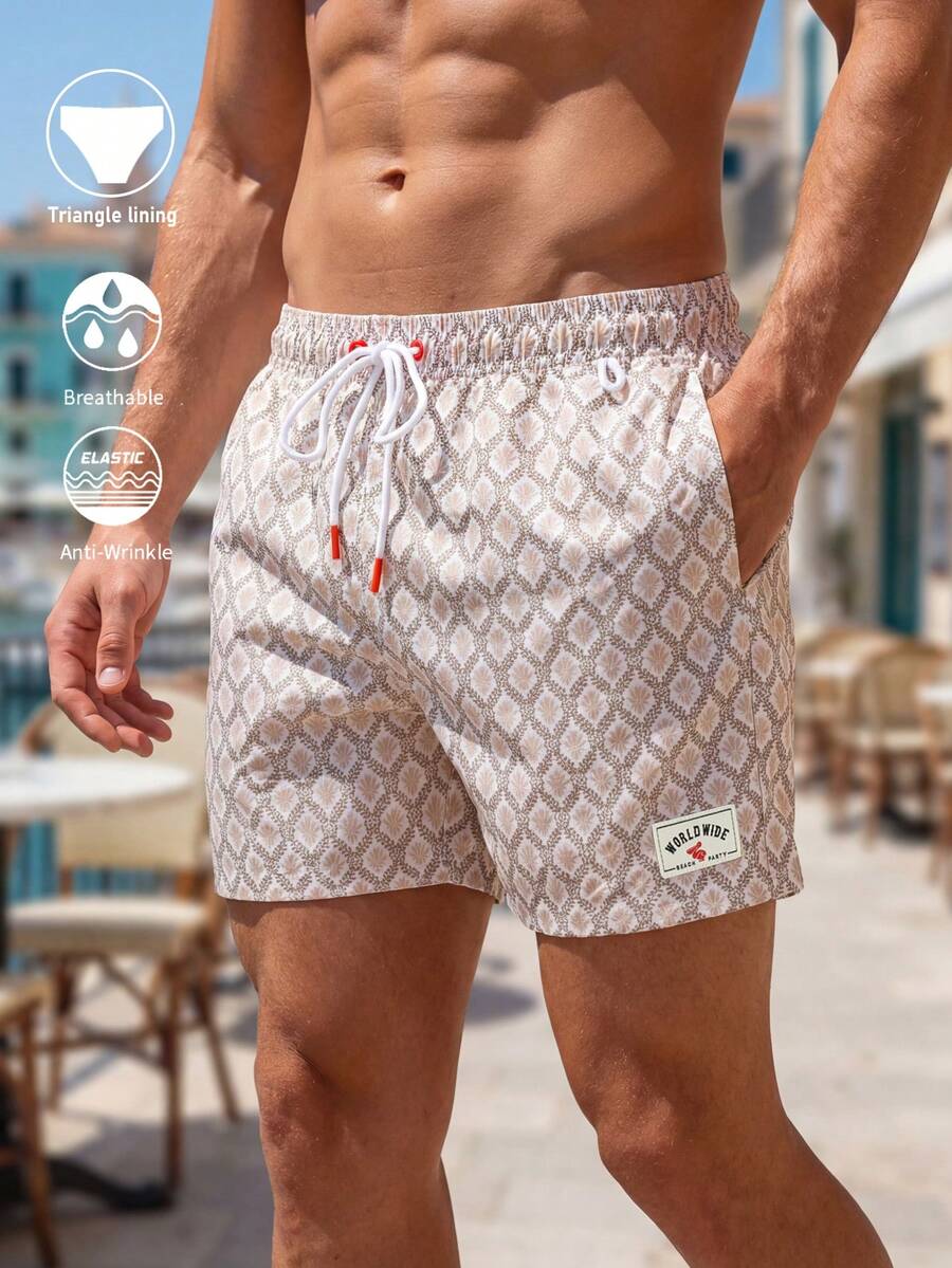 Manfinity Swimmode Men's All-Over Print Slant Pocket Drawstring Waist Beach Shorts - Beige - View 1