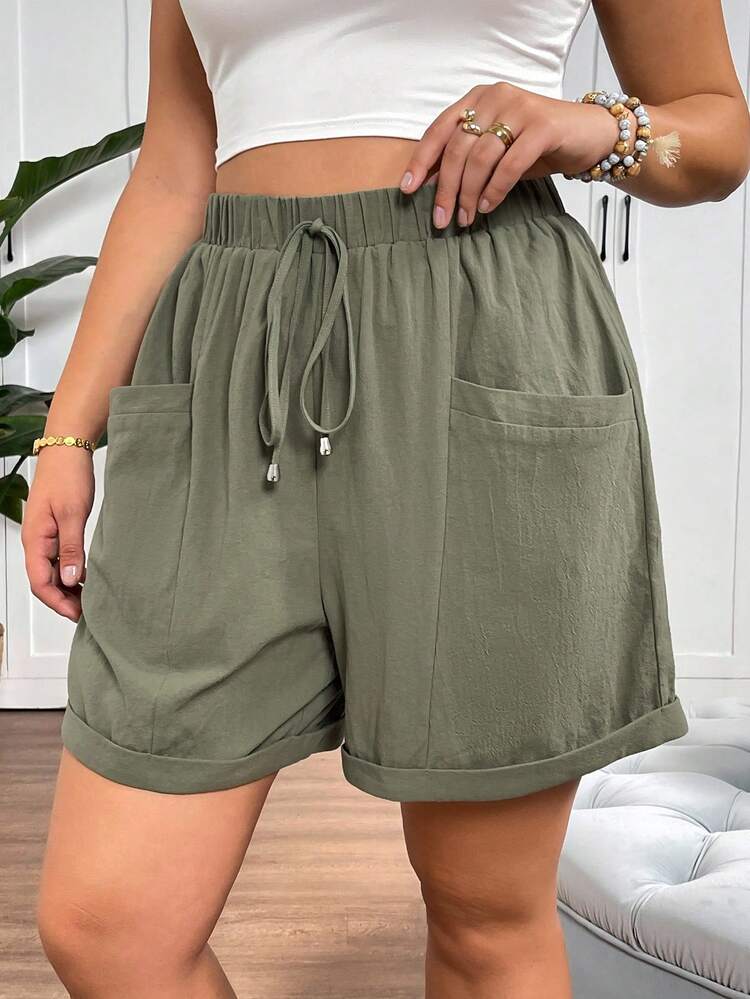 SHEIN Tall CURVE Women's Plus Size Fashionable Casual Loose Shorts With Pocket Design,Vacation,Summer,Beach Shorts,Carnival Costume,Summer,Going Out,Casual,Beach Vacation - Army Green - View 8