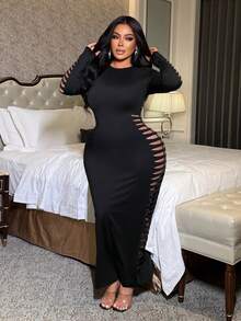 NU&NOW 大码女士性感透视激光镂空长袖连衣裙，适合日常、办公、外出、派对、聚会等多种场合。 - 黑色 - 查看 4