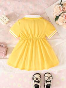 Souflis Souflis 1pc Baby Girl Pink Casual Dress, Ribbed Collar & Cuffs, Suitable For Lounging, Outings, Sports, And Parties - Yellow - View 3