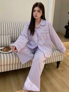 Dazy Plus 2 piezas Conjunto de pijama a cuadros, parte superior holgada con solapa y pantalones largos, traje de ropa de dormir para primavera, verano y otoño - Morado - Ver 6