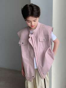 DAZY 男童休闲纯色无袖宽肩外套，春夏款 - 粉色 - 查看 3