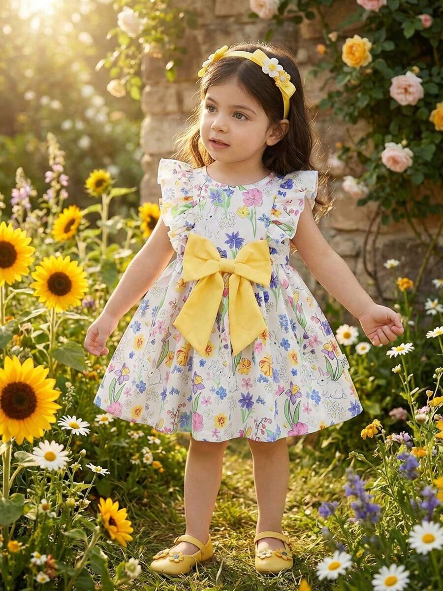 SHEIN Baby Girl Infant Toddler 0-3 Years Old Casual Elegant Vacation Cute Animal & Plant Print Flare Sleeve Loose A-Line Dress, Suitable For Party, Daily Wear Or Vacation - Multicolor - View 1