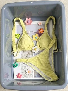 Swim Mod Damen-Bikini aus blassgelbem Badeanzugstoff mit Trägern, schlichtem Design, hoch geschnittenem Unterteil und Schnürdetails - Gänsegelb - Übersicht 3